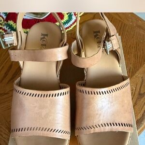 Kork-Ease Tan Sandals with Ankle Strap and Perforated Design